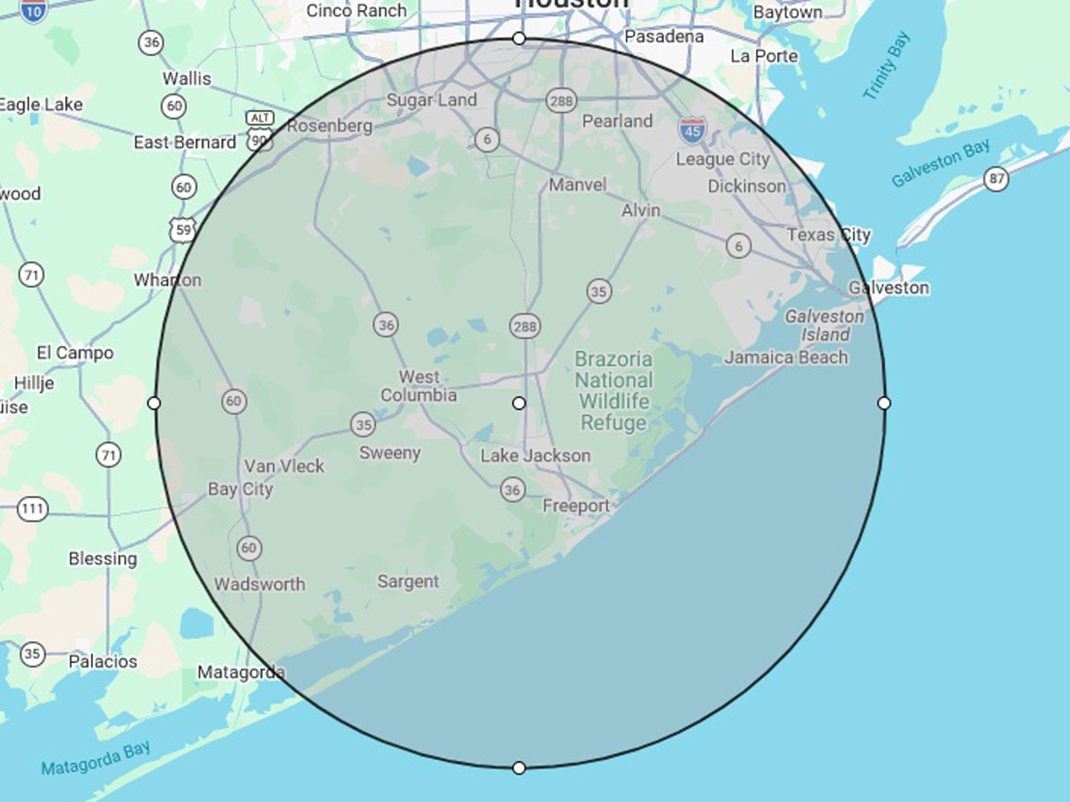 Texas Inspection service area map covering Brazoria County and the Texas Gulf Coast
